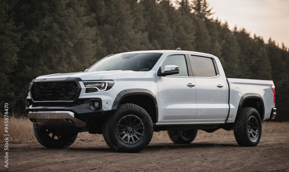 A white pickup truck is parked on a dirt road in a forest A white pickup truck is parked on a dirt road in a forest