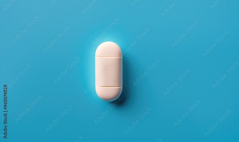 A white pill sits on a blue background