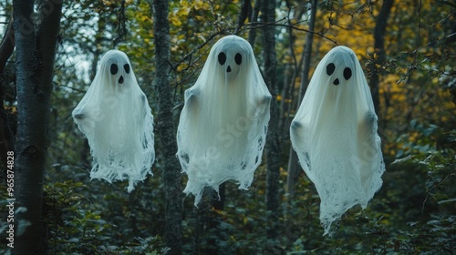 Three ghost decorations hang eerily among trees in a forest, creating a spooky atmosphere perfect for Halloween themes or haunted forest scenes, It can be used for holiday advertisements photo