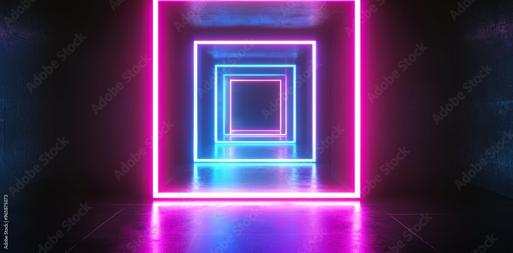 The rendering features an abstract minimal background with glowing lines, a tunnel, an arch, a corridor, pink blue neon lights, ultraviolet spectrum, a virtual reality show, a laser show, etc. The rendering features an abstract minimal background with glowing lines, a tunnel, an arch, a corridor, pink blue neon lights, ultraviolet spectrum, a virtual reality show, a laser show, etc.