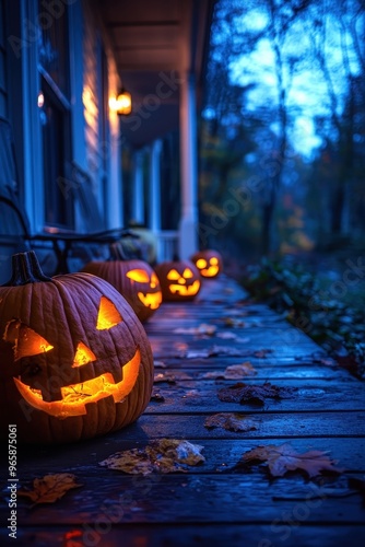 Lit jack-o'-lanterns on a wet porch during twilight create a cozy yet spooky Halloween ambiance, ideal for seasonal decor, marketing, and festive promotions,