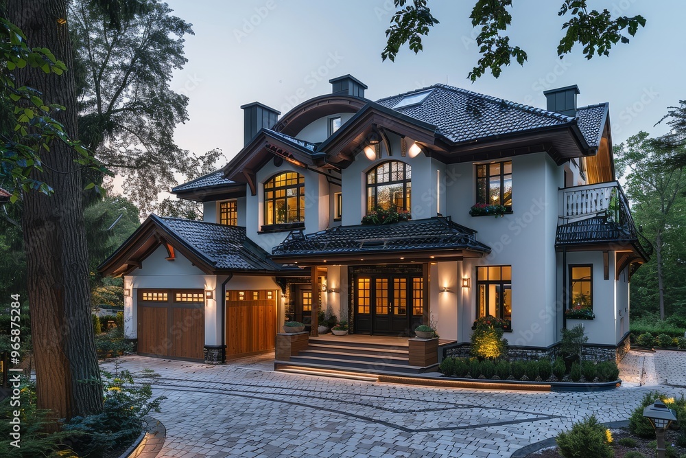 Elegant Two-Story Family House in Krakow with Stone Driveway, Warm Lighting, and Traditional Polish Architecture Elegant Two-Story Family House in Krakow with Stone Driveway, Warm Lighting, and Traditional Polish Architecture