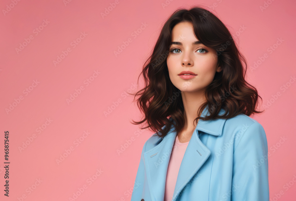 Portrait of a young girl with wavy hair in a blue jacket on a pink background Portrait of a young girl with wavy hair in a blue jacket on a pink background