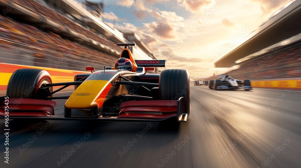 Formula One Race Car Speeding on Track at Sunset Formula One Race Car Speeding on Track at Sunset