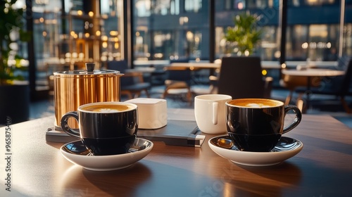 Two Cups of Coffee on a Wooden Table in a Cafe