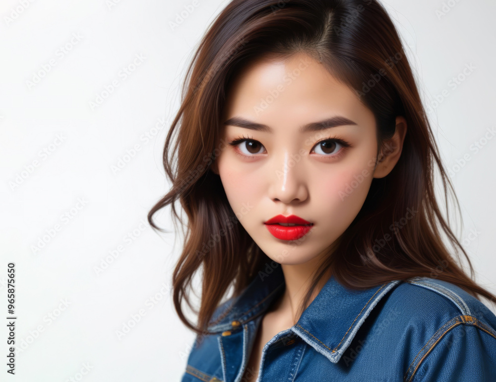Portrait of young asian girl with red lipstick on her lips and in denim jacket on white background Portrait of young asian girl with red lipstick on her lips and in denim jacket on white background