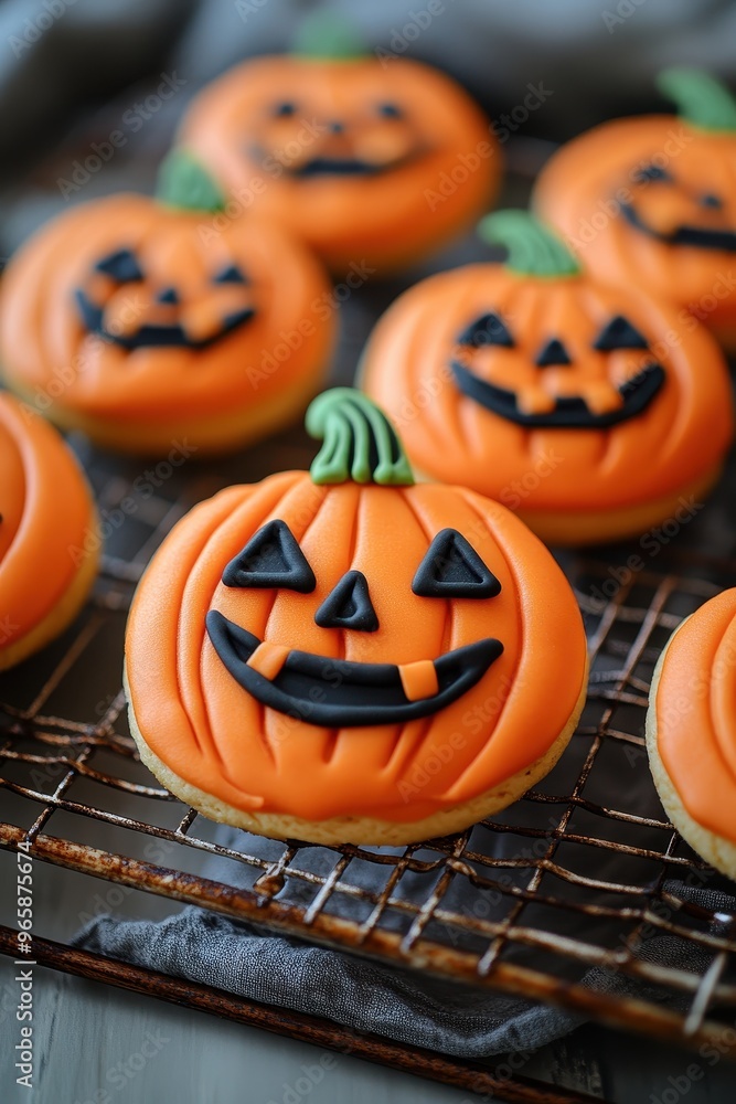 Festive Halloween-themed cookies shaped like pumpkins with intricate icing details on a cooling rack, perfect for holiday promotions, event invitations, or baking advertisements, Festive Halloween-themed cookies shaped like pumpkins with intricate icing details on a cooling rack, perfect for holiday promotions, event invitations, or baking advertisements,