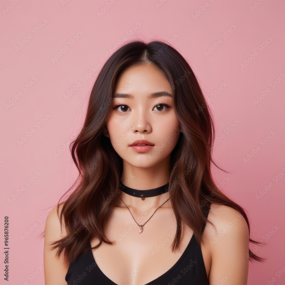 Portrait of a young Asian girl with loose hair on a pink background Portrait of a young Asian girl with loose hair on a pink background