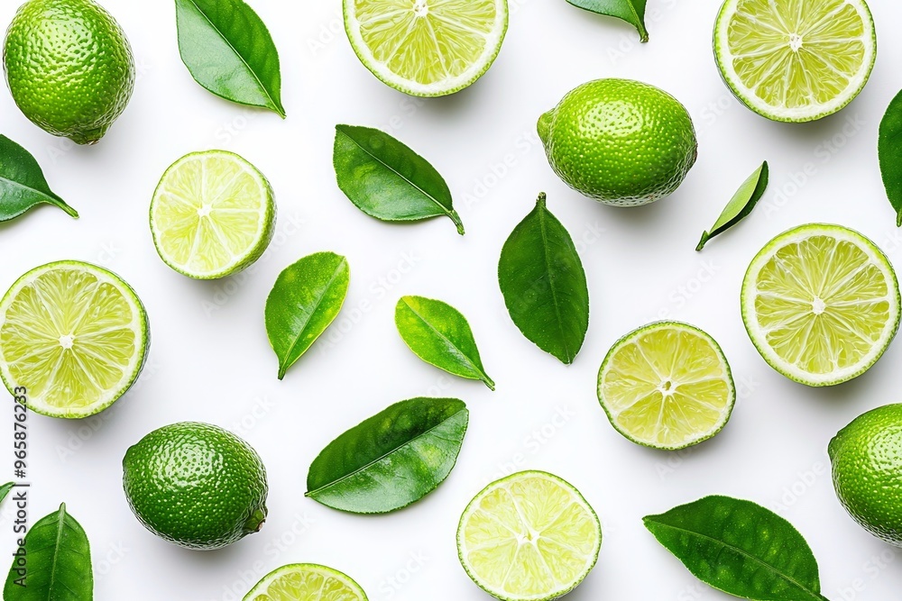 Isolated lime slices and leaves on white background. Flat lay pattern. Isolated lime slices and leaves on white background. Flat lay pattern.
