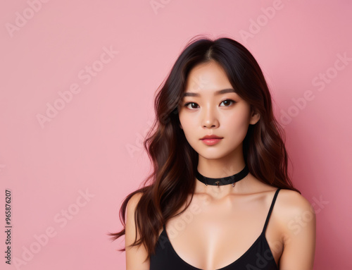 Portrait of a young Asian girl with loose hair on a pink background photo