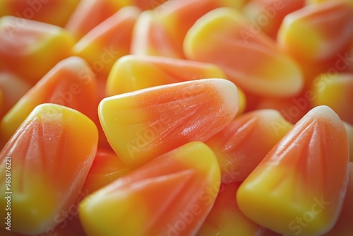 Vibrant close-up of candy corn pieces, perfect for Halloween or autumn-themed projects, marketing materials, blog posts, or advertisements highlighting seasonal treats photo