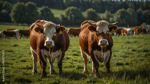 Cows grazing on a German pasture, showcasing species-appropriate animal husbandry on a meadow.