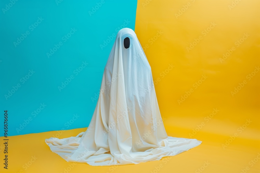 3D illustration mockup and rendering, a charming ghost wearing a white sheet emanates delightful scene against a captivating isolated yellow turquoise background. 3D illustration mockup and rendering, a charming ghost wearing a white sheet emanates delightful scene against a captivating isolated yellow turquoise background.