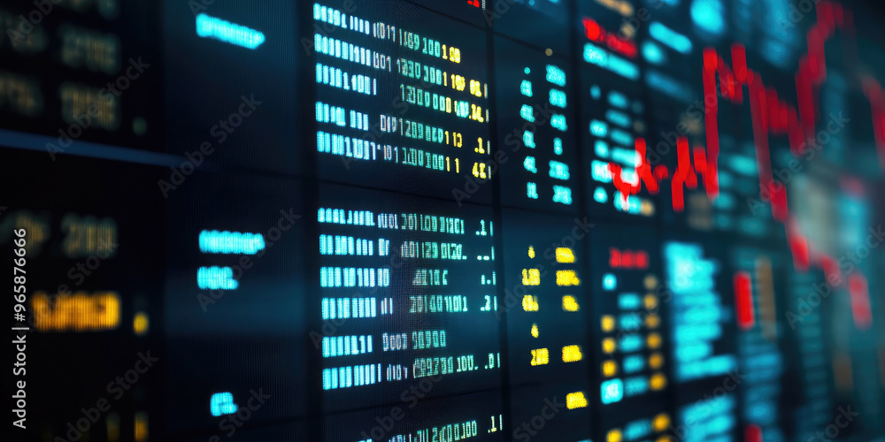Glowing stock market numbers are rapidly changing on a dark computer screen, with a red chart showing a major stock market decline Glowing stock market numbers are rapidly changing on a dark computer screen, with a red chart showing a major stock market decline