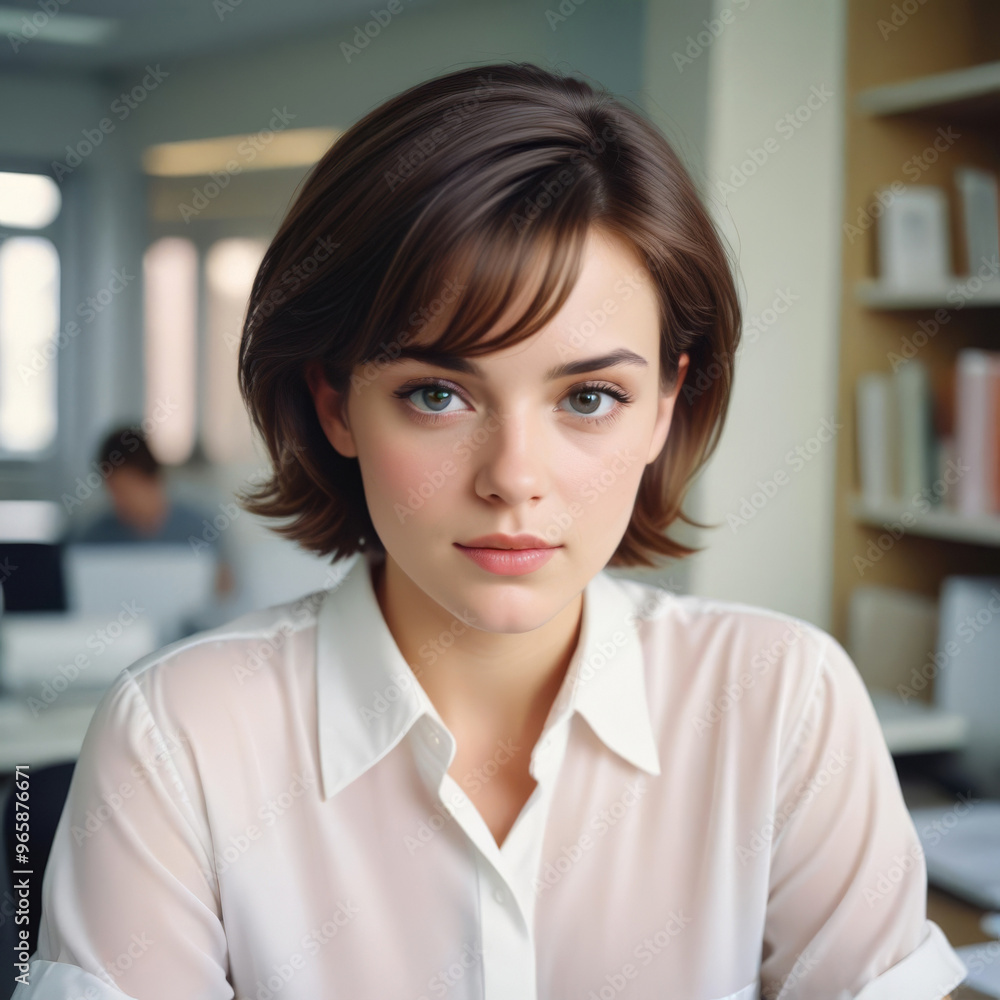 Portrait of a girl office worker in a white blouse against the background of a working interior Portrait of a girl office worker in a white blouse against the background of a working interior