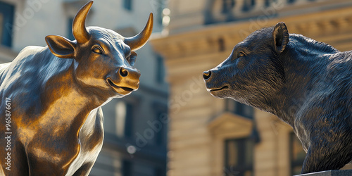 The famous bronze statues of a bull and a bear in front of the Stock Exchange building symbolize the opposing financial markets.
