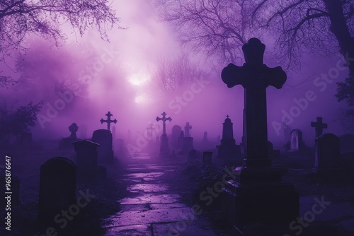 A foggy cemetery at dawn with silhouettes of tombstones and bare trees, creating an eerie, mysterious atmosphere perfect for themes of horror, mystery, and the supernatural,