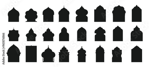 Islamic window black silhouette shape collection. Arabic, muslim architecture frame. Traditional, oriental design
