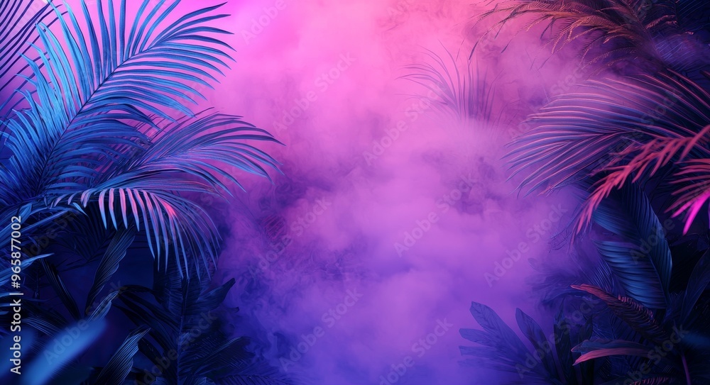 An abstract background with new light of a dark room, tunnel, corridor, neon light, lamps, tropical leaves. An abstract background with new light of a dark room, tunnel, corridor, neon light, lamps, tropical leaves.