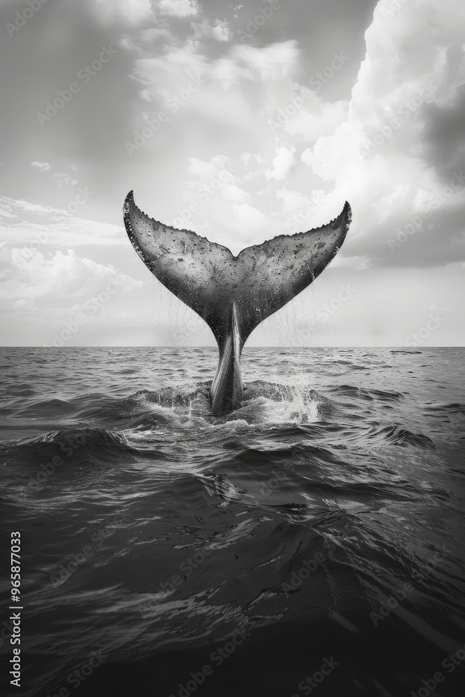 Fototapeta premium Dramatic Black and White Image of a Whale Tail in the Ocean at Sunset