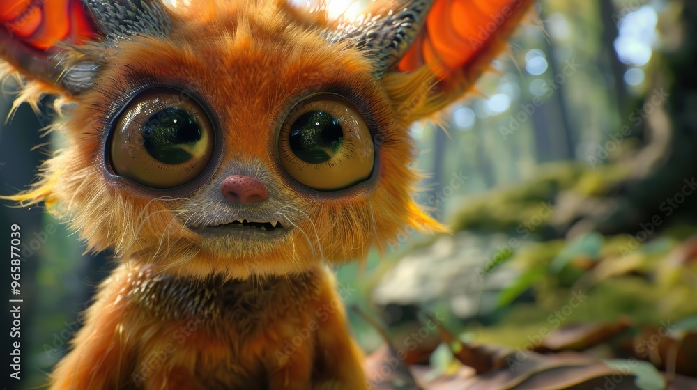 Hyper-realistic 3D cute monster with large expressive eyes and fluffy fur or scales, posed playfully against an enchanted forest backdrop. Hyper-realistic 3D cute monster with large expressive eyes and fluffy fur or scales, posed playfully against an enchanted forest backdrop.