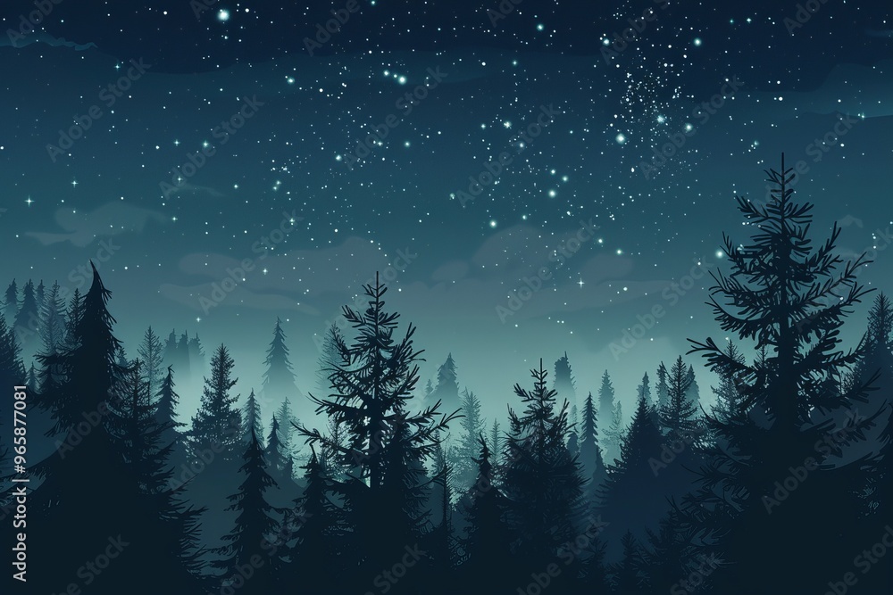 Fototapeta premium Forest at night with a starry sky, night forest landscape