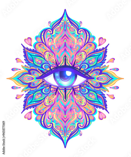 Sacred geometry symbol with all seeing eye over in acid colors. Mystic, alche...