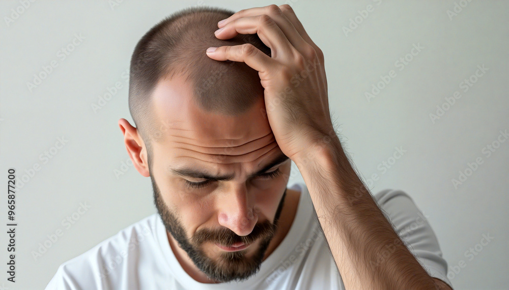 Young man is touching his head and feeling worried about hair loss Young man is touching his head and feeling worried about hair loss