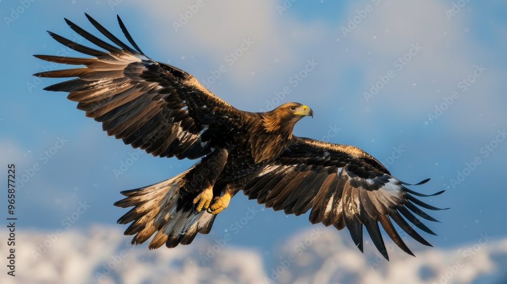 Obraz premium eagle soars gracefully over a snow-capped mountain range, showcasing its powerful wings and keen eyesight.