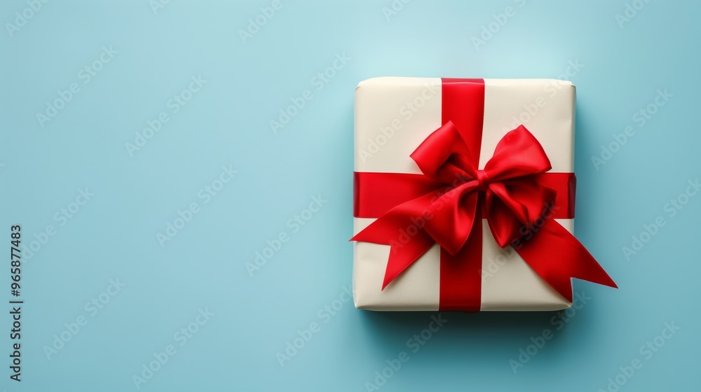 Gift box with red ribbon and bow on a light blue background, minimalistic and festive concept Gift box with red ribbon and bow on a light blue background, minimalistic and festive concept