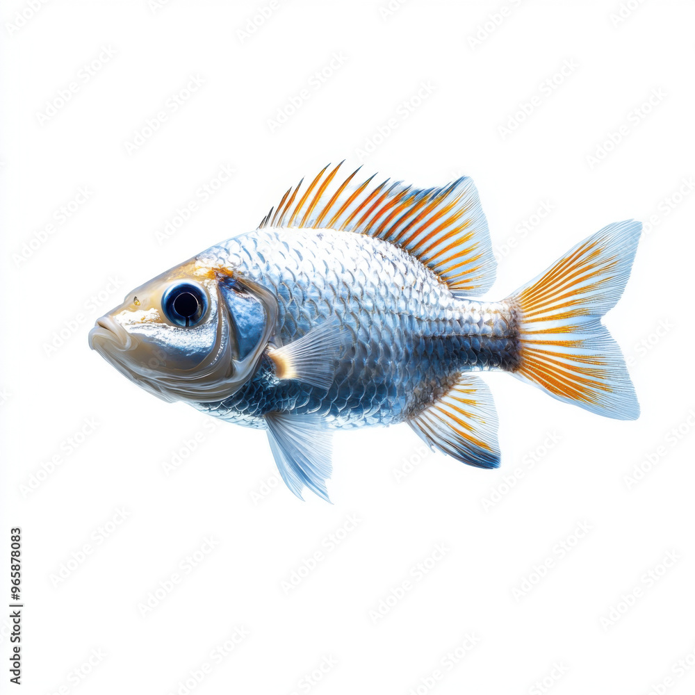 Fototapeta premium Detailed view of a brightly colored tropical fish with orange and blue fins, isolated on a white background.