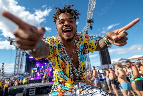 Man in a jump, pointing toward a festival stage with music booming in the background, excitement coursing through him photo