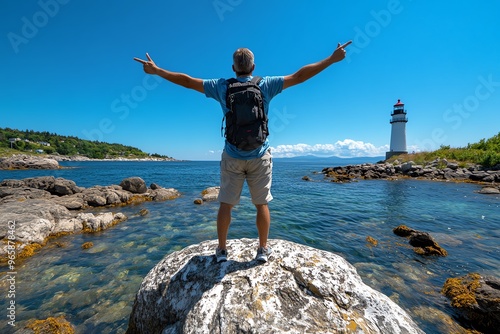 Man in a jump, pointing toward a lighthouse as it beams light across the water, guiding ships safely to shore photo