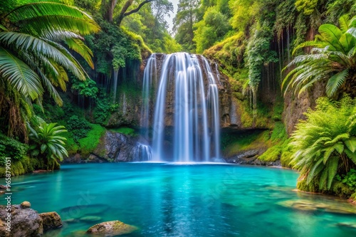 A secret waterfall cascading into a turquoise pool, surrounded by ancient ferns.