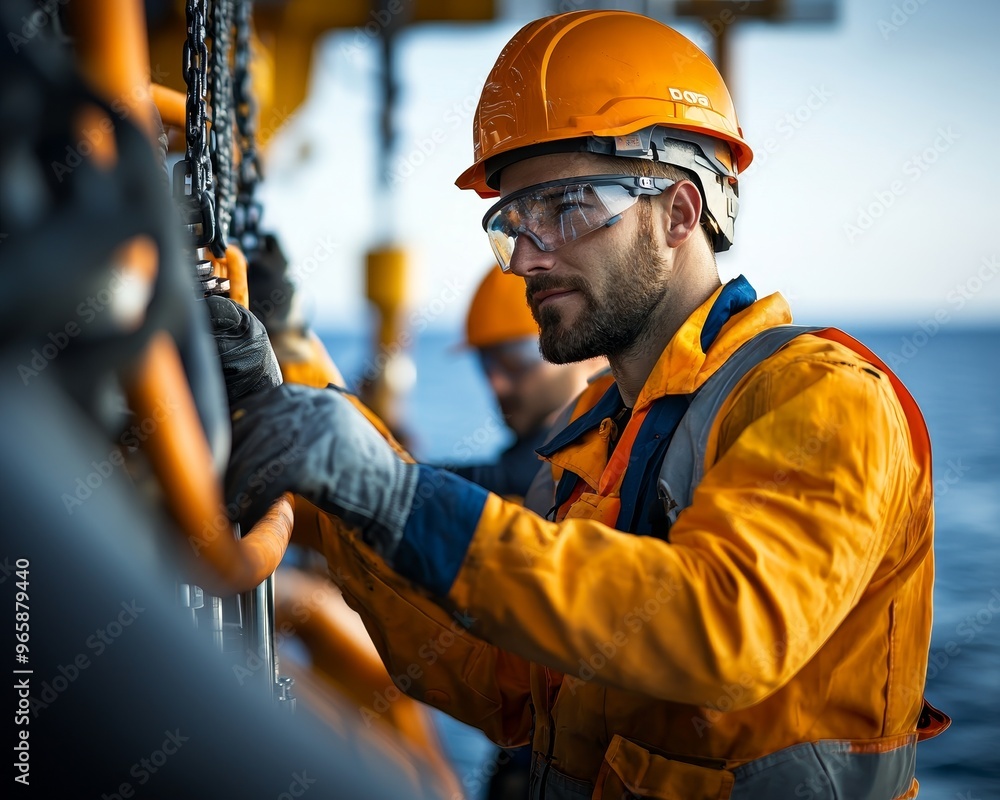 A worker in safety gear and a hard hat works on a ship at sea. A worker in safety gear and a hard hat works on a ship at sea.