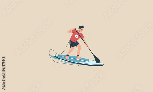 Person paddle boarding on water with a paddle and surfboard leash.