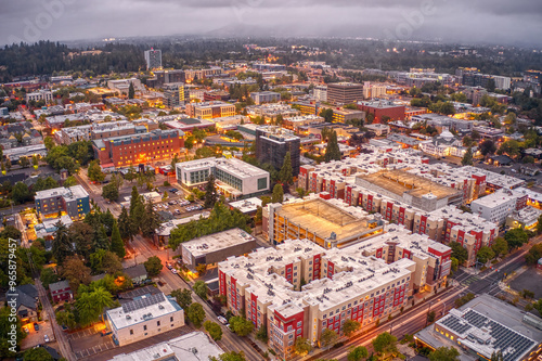 Aerial View of Downtown Eugene, Oregon on a Cloudy Morning