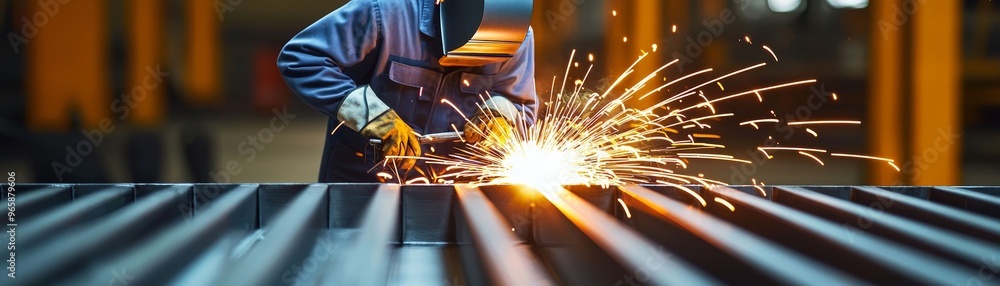 A worker sparks welding metal in a factory. A worker sparks welding metal in a factory.