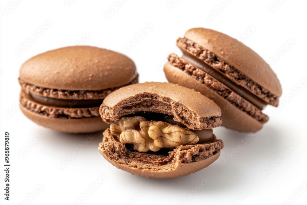 Delicious chocolate macarons arranged artistically on a white background. These treats are perfect for dessert lovers. Enjoy the rich flavors and delightful textures. Generative AI Delicious chocolate macarons arranged artistically on a white background. These treats are perfect for dessert lovers. Enjoy the rich flavors and delightful textures. Generative AI