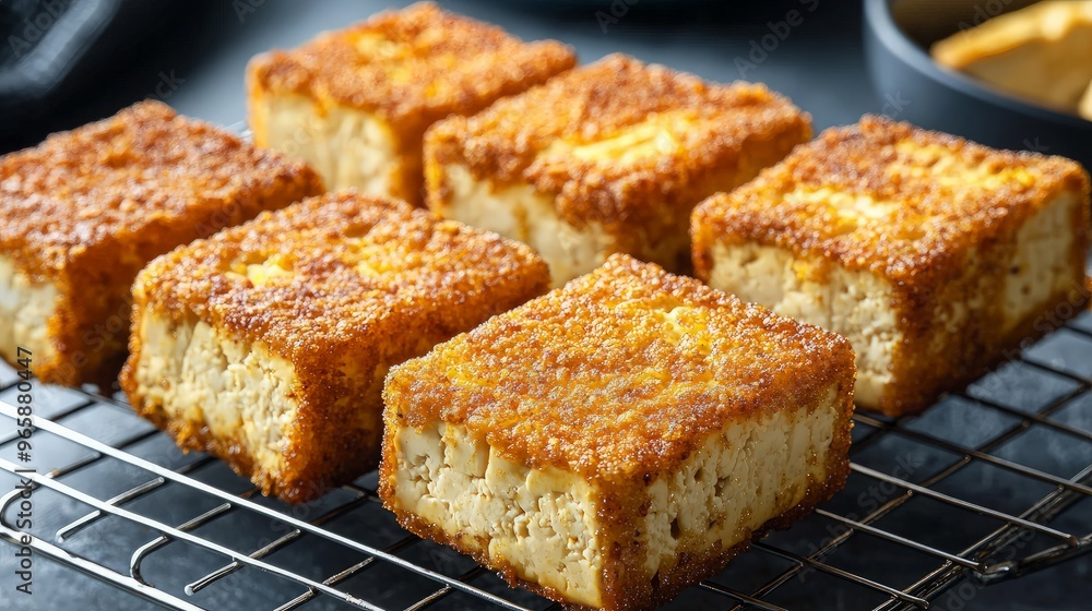 Crispy Fried Tofu Cubes on Wire Rack Crispy Fried Tofu Cubes on Wire Rack