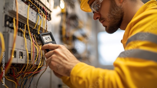Electrician in yellow uniform checks electrical panel with a multimeter.