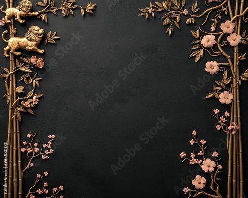 Elegant floral frame with gold lions on black background, perfect for greeting cards, invitations, or social media posts. photo