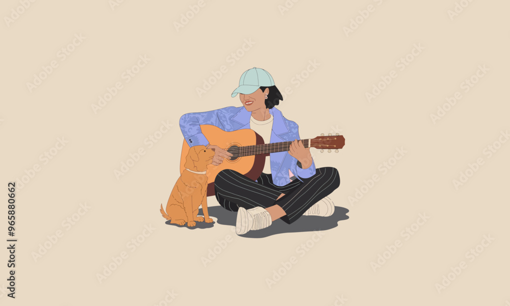 Person playing guitar with dog sitting beside, enjoying the moment. Person playing guitar with dog sitting beside, enjoying the moment.