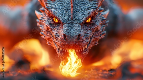 Fiery dragon with glowing eyes breathing fire, close-up. photo