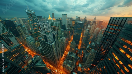 a surreal view of a cityscape where all the office buildings are tilted and crumbling, symbolizing a large-scale business collapse. Dreamlike lighting enhances the atmosphere