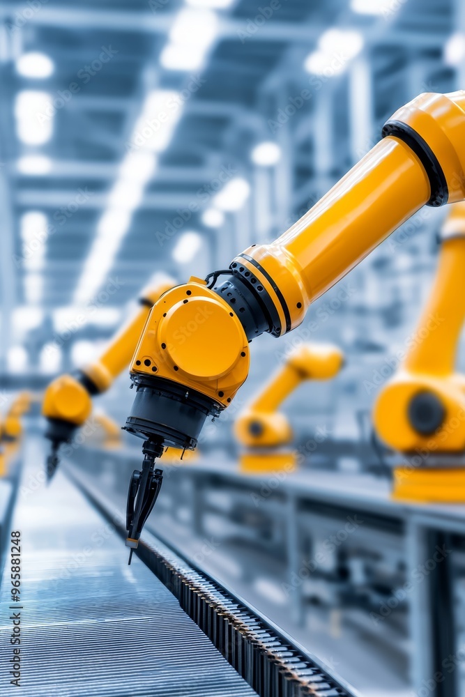 A factory floor with multiple robotic arms working in sync, no human presence A factory floor with multiple robotic arms working in sync, no human presence