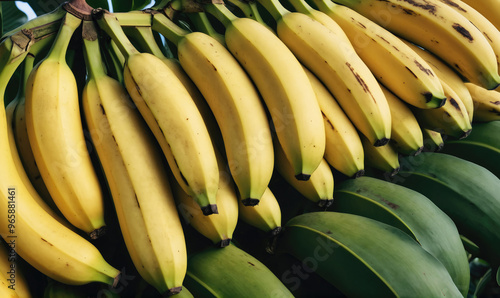 A bunch of ripe bananas sit on green leaves, ready to be enjoyed