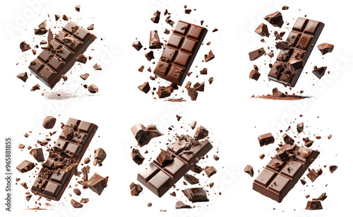 Chocolate bar with pieces breaking apart isolated on transparent background