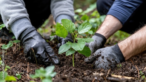 A photostock image of forest restoration efforts with volunteers planting trees to combat deforestation, perfect for reforestation campaigns