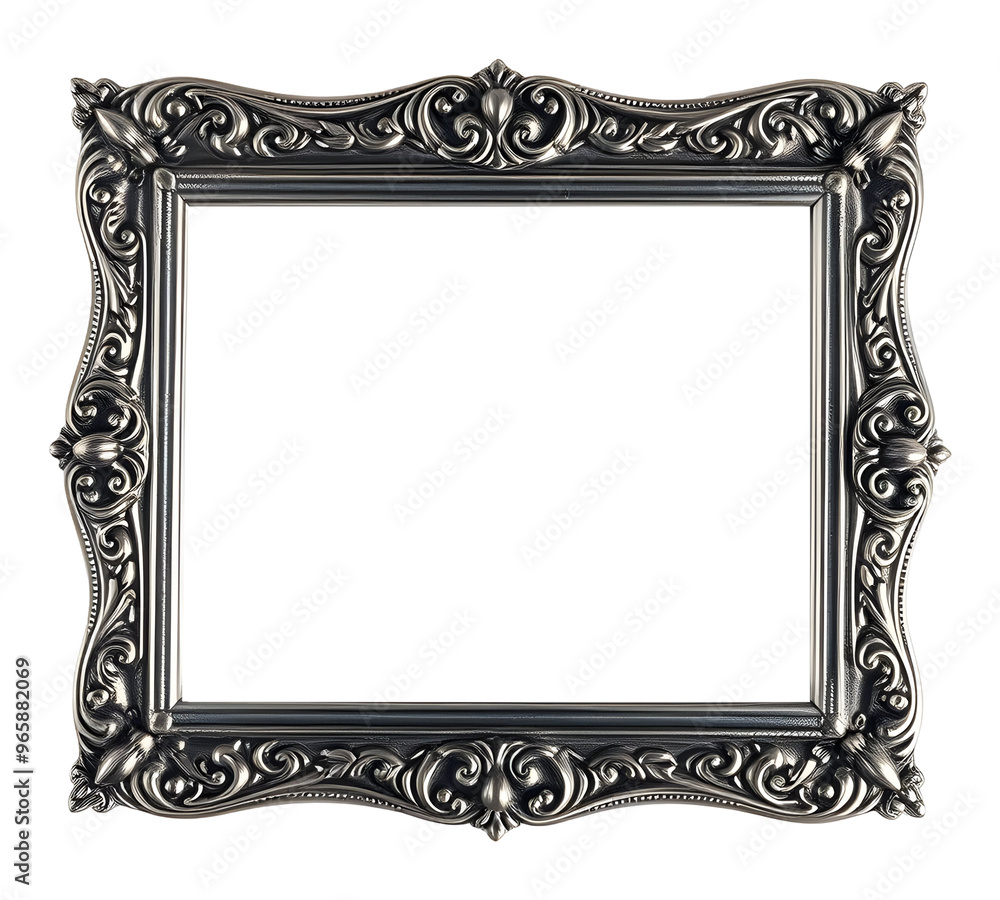 Silver frame in baroque style isolated on transparent background